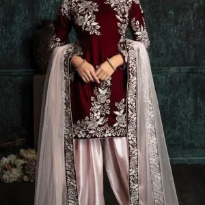 Zainab Chottani - 3PC Velvet Heavy Embroidered Shirt With Embroidered Net Dupatta