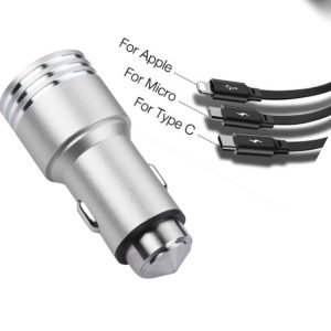 Car Charger Metal Dual USB Port 2.1A Fast + Safety Hammer with 3 in one charging cable Type ciosmicro usb (Android )