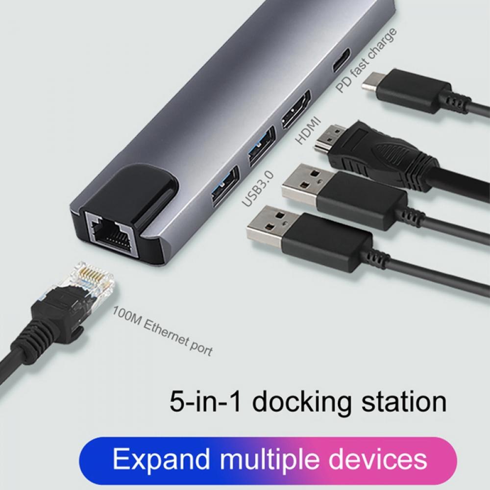 Type C to 5 In 1 HUB (LAN + TYPE-C + HDMI + USB3.02) Type C Convertor 5 in 1 5 in 1 Hub