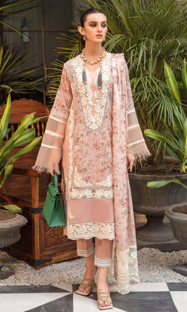 Maria.B - 3PC Lawn Printed Embroidered Shirt With Printed Silk Dupatta