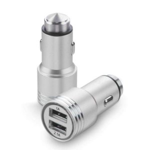 Car Charger Metal Dual USB Port 2.1A Fast + Safety Hammer Quality Fast Car Charger Silver
