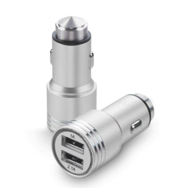 Car Charger Metal Dual USB Port 2.1A Fast + Safety Hammer Quality Fast Car Charger Silver