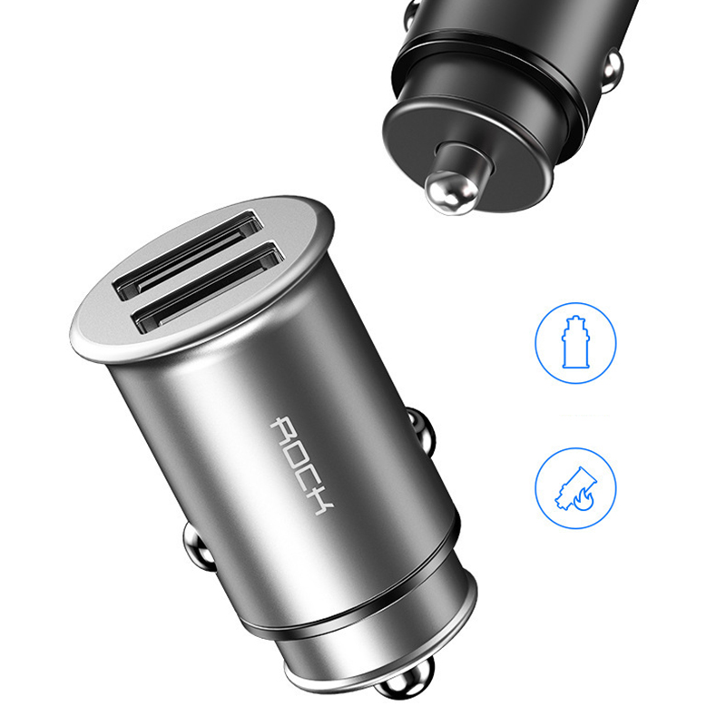 ROCK 4.8A Dual USB Metal Mini Car Charger High Quality Zinc Alloy Universal Car Charger Compact for Mobile Phones