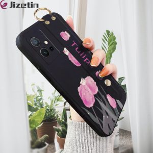 izetin for Vivo Y75 5G  Y55 5G Back Cover Pink Tulip Wrist Strap Phone Case Candy Color shock proof Protective Phone Cases