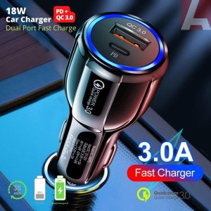 Fast Car Charger Dual Port QC 3.0 & 3A PD Type C Quick Car Charger