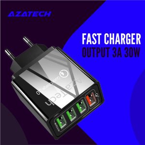 AzaTech QC 3.0 Fast Charger With 4 USB Port 3A 30W Quick Charge For All Brands - Black