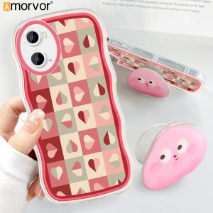 OPPO A76  A36 Back Cover (With Free Holder) Love Heart Soft Wavy Phone Case Camera Protection Transparent TPU Soft Cover