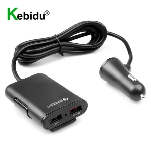 Kebidu 4 Ports USB Fast Car Charger - with 1 QC 3.0 USB Port 1.7M Extension Cable Phone Power Charge Adapter