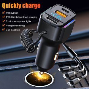 Fast Charging Cable Car Chargers PD35W65W Fast Charging Dual USB 3 in 1 Spring Charging Head