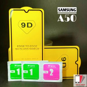 Pack of 2 - Samsung Galaxy A50 - Full Coverage 9D tempered Glass screen protector - with cleaning wipes