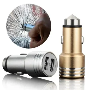Car Charger Metal Dual USB Port 2.1A Fast + Safety Hammer - Black