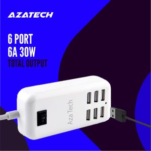 AzaTech 6 USB Port Fast Charger HUB 30W 5V6A 1.5M Smart Wall Socket Extension Power Wall Adapter Charging