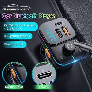 Geepact Car Charger Bluetooth 5.0 Super Fast Charging Colorful Lights Car Bluetooth MP3