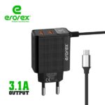 Erorex USB TRAVEL Fast CHARGER 3.1 Ampere with full protection Also attractive to look and very strong body