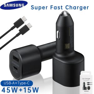 Super Fast Dual Car Charger (45W+15W) with Super Fast Charging Cable for Samsung Galaxy