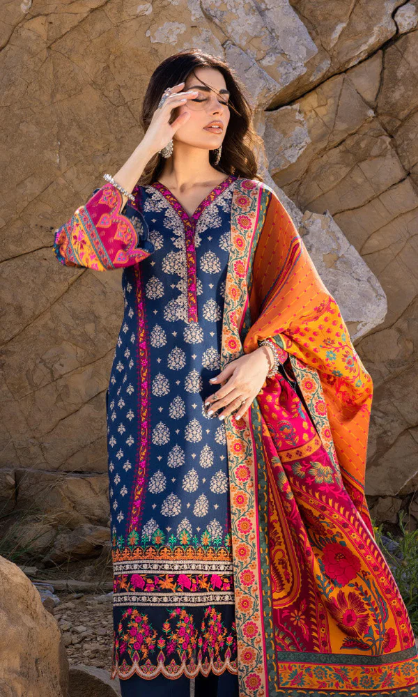 VINTAGE - 3PC LAWN EMBROIDERED SHIRT WITH TYE & DYE CHIFFON DUPATTA AND TROUSER - HZG2856
