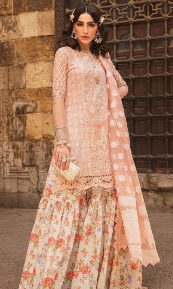 Maria.b - 3PC Lawn Neckline Embroidered Shirt With Printed Chiffon Dupatta