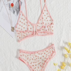 BZEL Women Bra Set Love Mesh Perspective Lingerie Suit