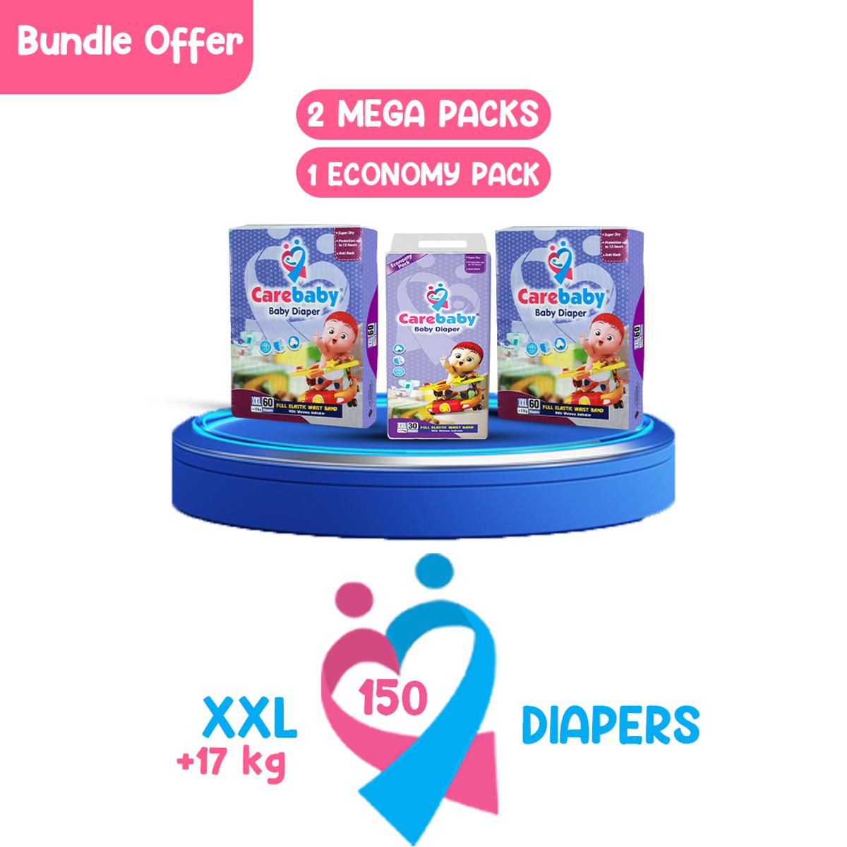 Carebaby Diapers (2 Mega Pack & 1 Economy Pack) XX-Large size , 150 count