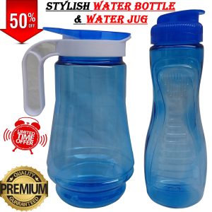Pair of Drinking Water Jug & Bottle Transparent Plastic 1L – 2L