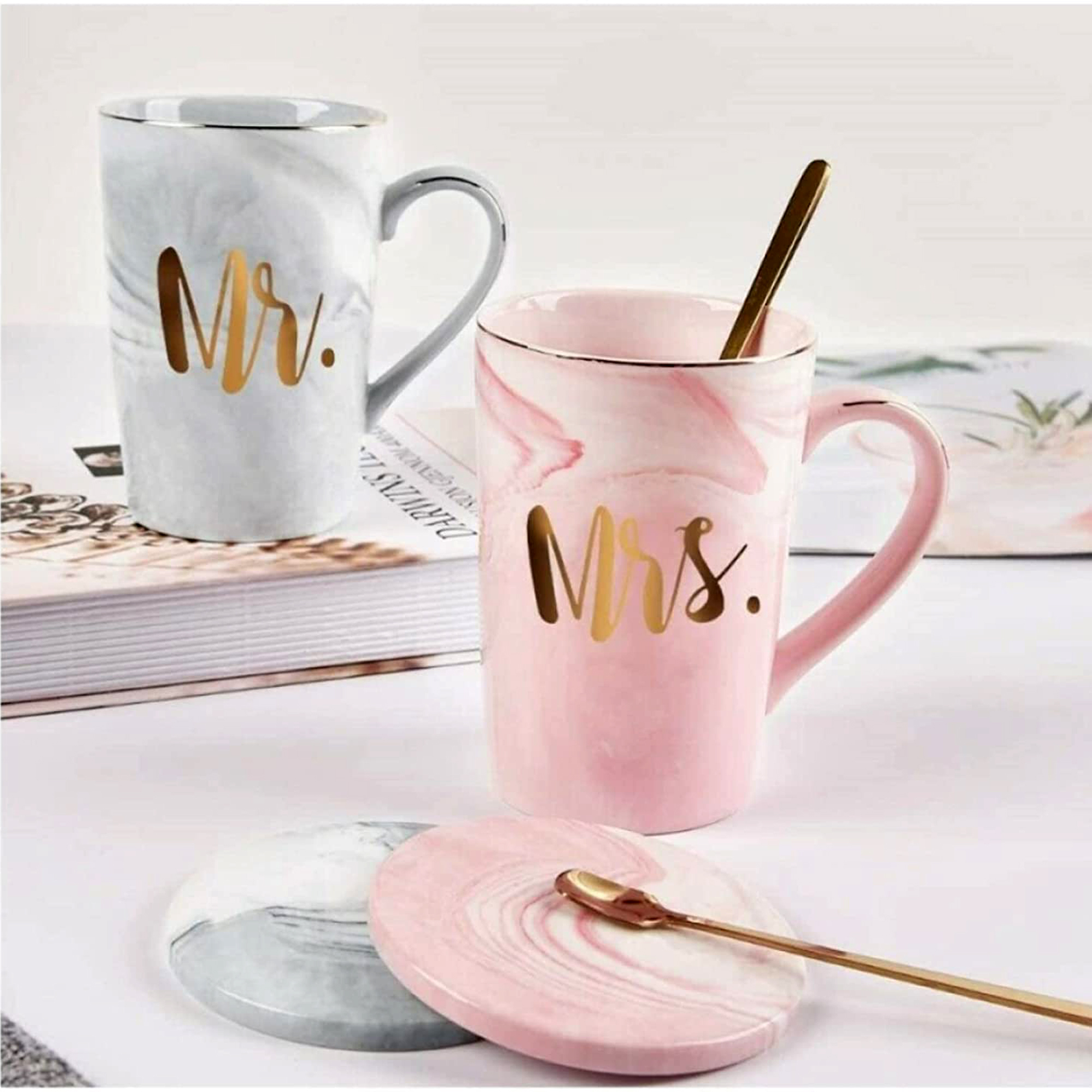 Mr and Mrs Couple Marble Coffee Mug Set Engagement Wedding
