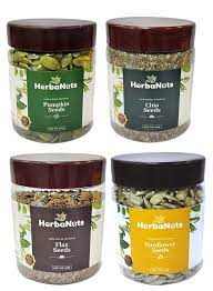 Herbanuts Healthy Raw Seeds Combo 400gms, (Pumpkin Seeds, Sunflower Seeds, Chia Seeds, Flax Seeds), Seeds Mix for Eating, Seeds for Eating, Seeds Eating for Organic, Antioxidant Mix Seeds, Pack of 4 Jar Pack Each 100g