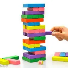 Jenga Wooden Kids Game Small Size 52 Blocks with 2 Dice Stacking Tumbling Tower Multicolor