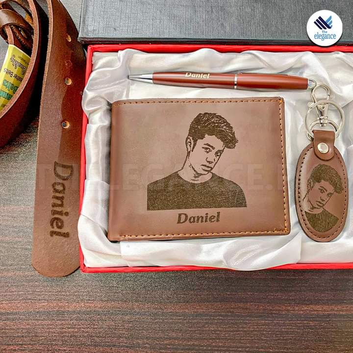 Pure Lether wellat + Key chain + pen with Nam and skech photo print