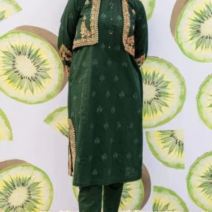 Kiwi- 2PC Linen Front Embroidered Shirt With Dyed Trouser