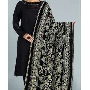 Bareezé Premium Karandi Jet Black Fully Embroidered Karandi Shawl