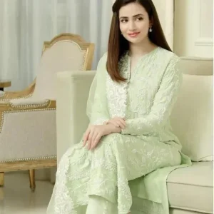 Bareeze-3PC Lawn Embroidered Shirt with Organza Embroidered Dupatta