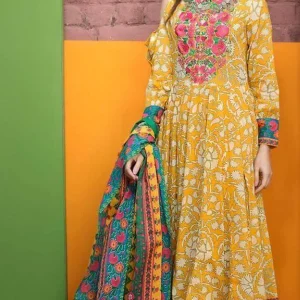 Khaadi - 3PC Lawn Neckline Embroidered Printed Shirt With Printed Chiffon Dupatta
