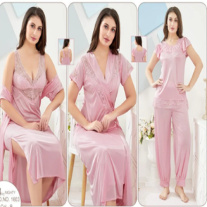 Silky Nights 4-Pieces Bridal Nightwear With Lace Work For Girls & Women - Baby Pink