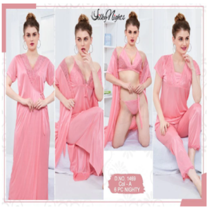 Silky Nights 6-Pieces Embroidery Bridal Nightwear With Side Knot For Girls & Women - Baby Pink