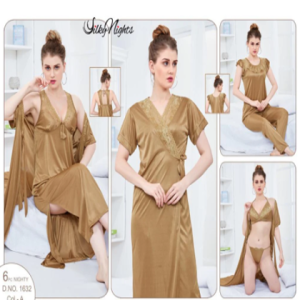 Silky Nights 6-Pieces Lace Work Bridal Nightwear With Side Knot For Girls & Women - Golden