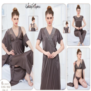 Silky Nights 6-Pieces Lace Work Bridal Nightwear With Side Knot For Girls & Women - Grey