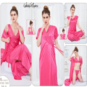 Silky Nights 6-Pieces Lace Work Bridal Nightwear With Side Knot For Girls & Women - Pink