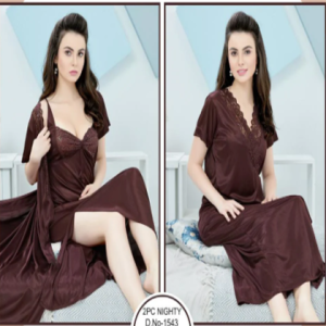 Tee Dot 2-pieces Bridal Nightwear With Lace For Girls & Women - Dark Brown