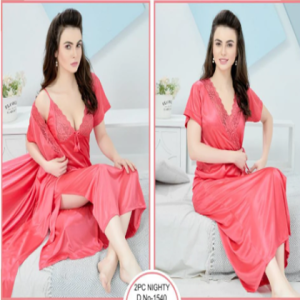 Tee Dot Silk 2-Pieces Deap V-Neck Bridal Nightwear With Gown For Girls & Women - Baby Pink