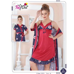 Tee Dot Silk 2-Pieces Printed Bridal Nightwear With Gown For Girls & Women - Blue