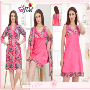 Tee Dot Silk 2-Pieces Printed Bridal Nightwear With Gown For Girls & Women - Pink