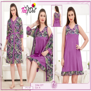 Tee Dot Silk 2-Pieces Printed Bridal Nightwear With Gown For Girls & Women - Purple