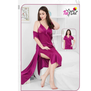 Tee Dot Silk 2-Pieces V-Neck Bridal Nightwear With Gown For Girls & Women - Purple