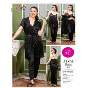 Tee Dot Viscose 3-Pieces Bridal Nightwear For Girls & Women - Black