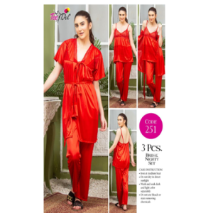 Tee Dot Viscose 3-Pieces Bridal Nightwear For Girls & Women - Red