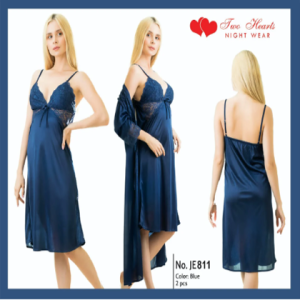 Two Hearts 2 Piece Silk Nightwear For Girls & Women - Blue