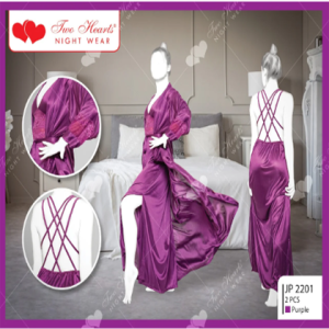 Two Hearts 2 Piece Silk Nightwear Inner + Gown For Girls & Women - Purple