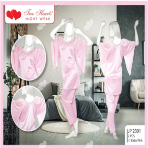 Two Hearts 2 Piece Silk Nightwear Shirt + Trouser For Girls & Women - Baby Pink