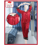 Two Hearts 2-Piece Silk Nightwear With Ribbon For Girls & Women - Black