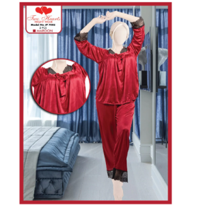 Two Hearts 2-Piece Silk Nightwear With Ribbon For Girls & Women - Black